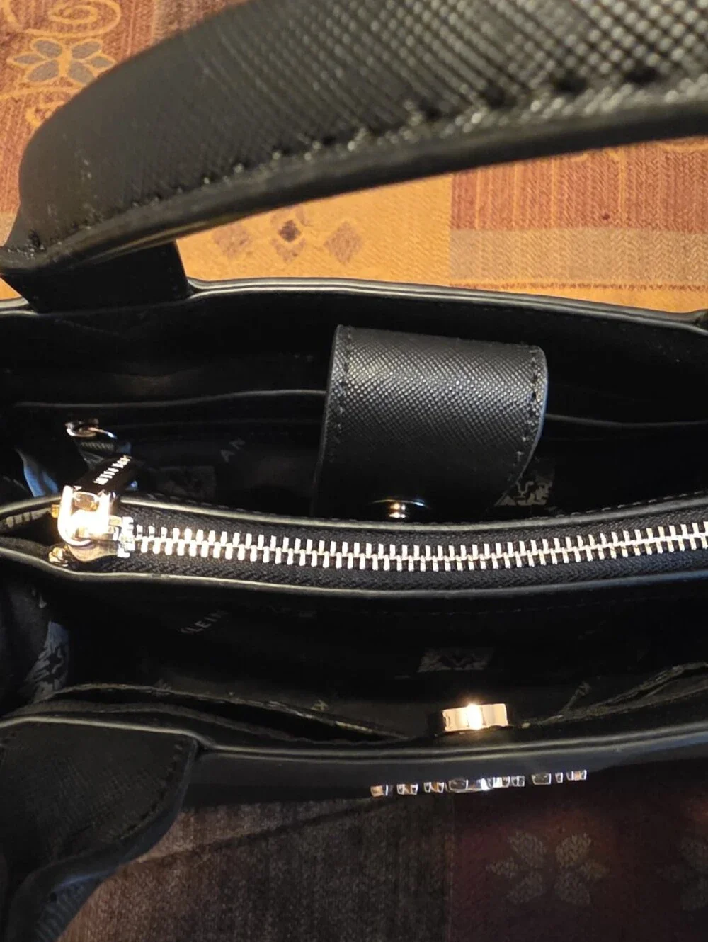 Anne Klein Large Tote- Black Structured Satchel with Striped Strap